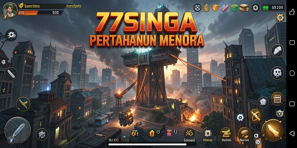 Screenshot gameplay Tower Defense menunjukkan tindakan pertahanan yang intens dan strategi menara.