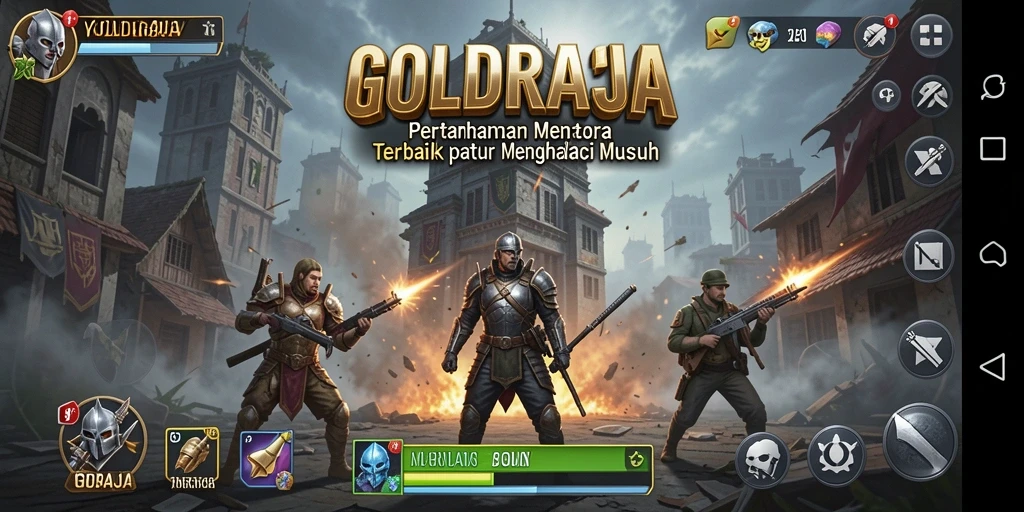 Gameplay <strong>GOLDRAJA</strong> yang penuh aksi dalam pertahanan menara.