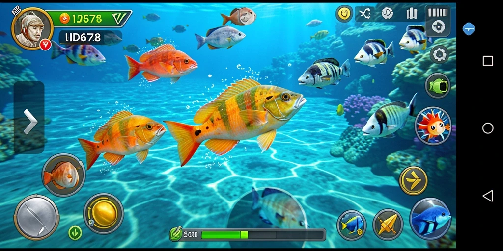 Screenshot utama ID678 menampilkan aksi seru dalam menembak ikan.