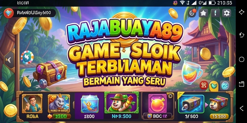 Tampilan gameplay RAJABUAYA89 dengan gulungan berkilau dan simbol menarik.