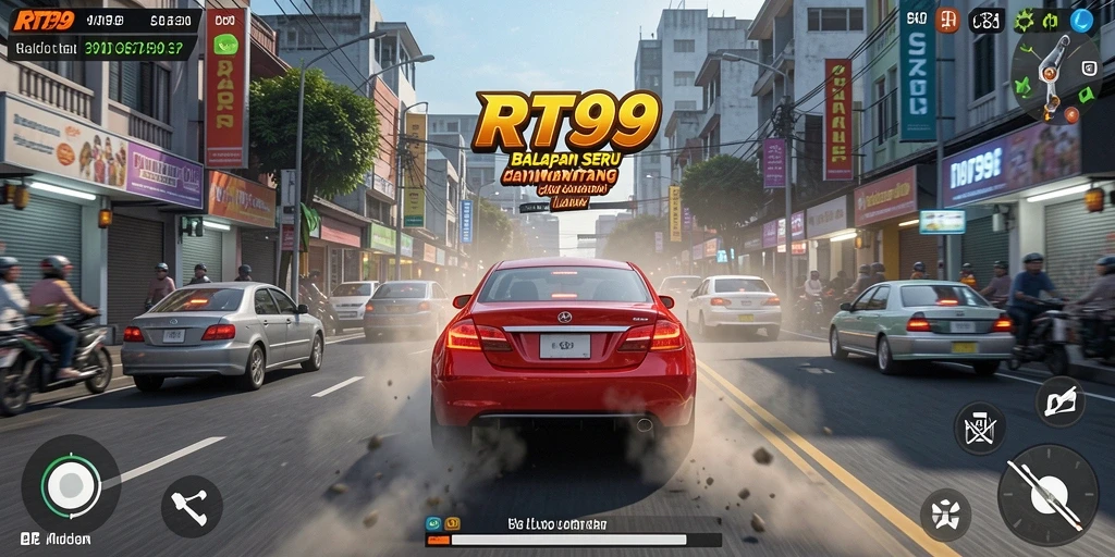 Tangkapan layar gameplay RT99 menampilkan aksi balapan yang mendebarkan.